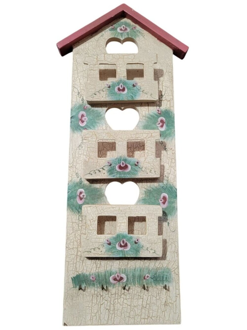 Tole Painted Rustic House Wooden Letter Sorter Key Holder Heart Cutouts Floral